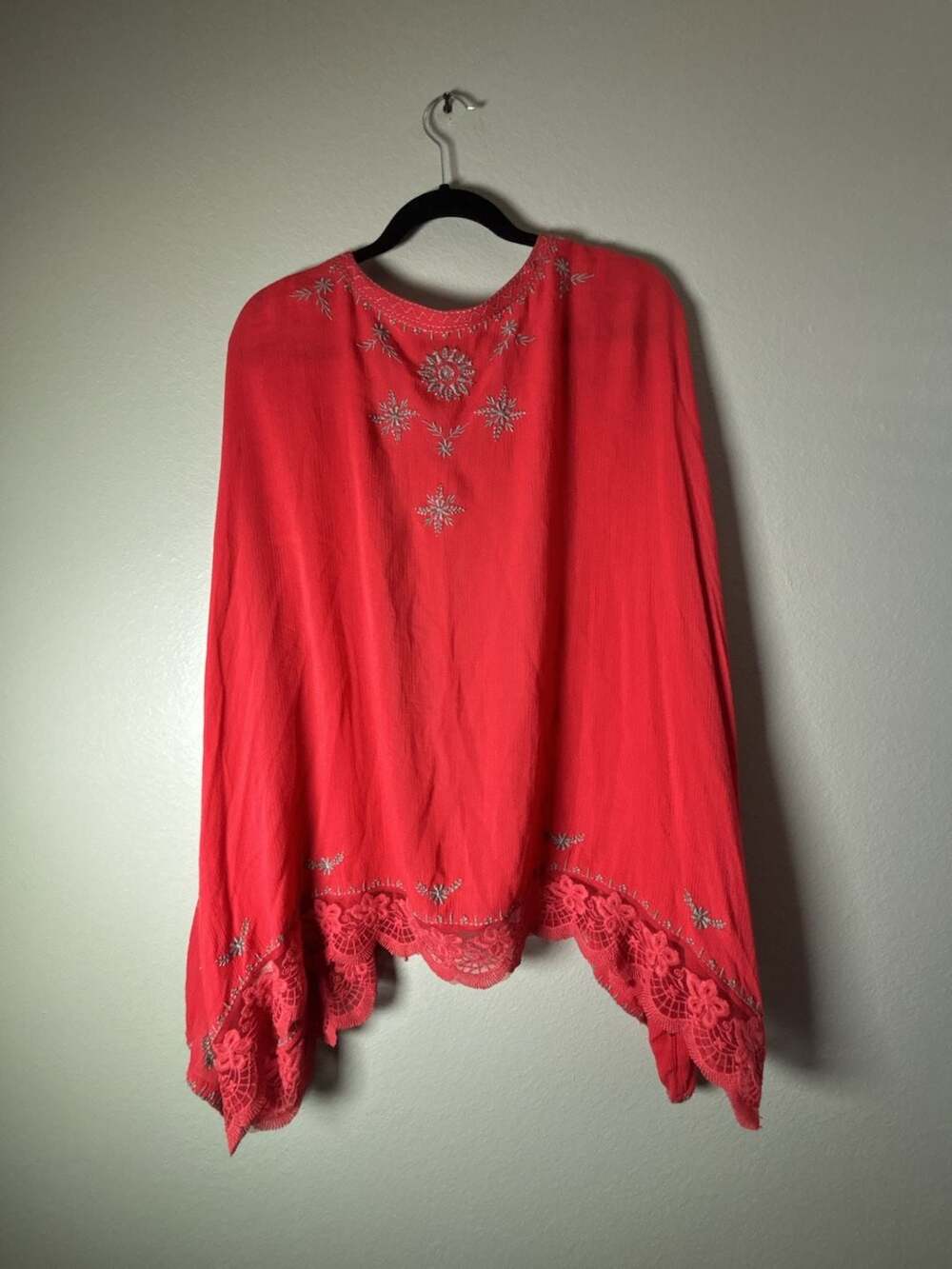 Free People Boho Embroidered Kimono Jacket with Lace Hem Size L - Picture 9 of 13